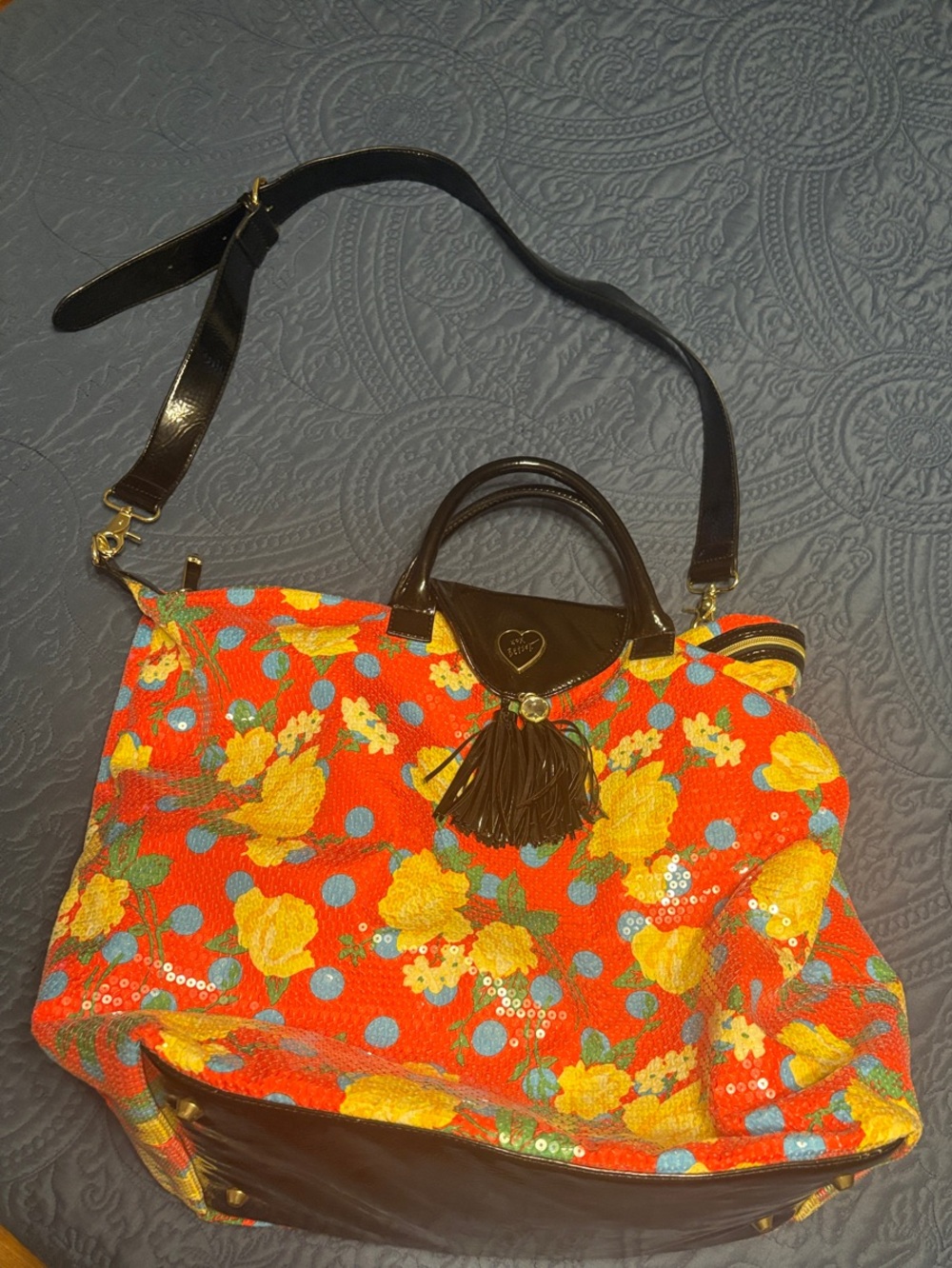 Betsey Johnson Sparkly Orange Floral Sequin Travel/ Overnight Bagwith Black Trim